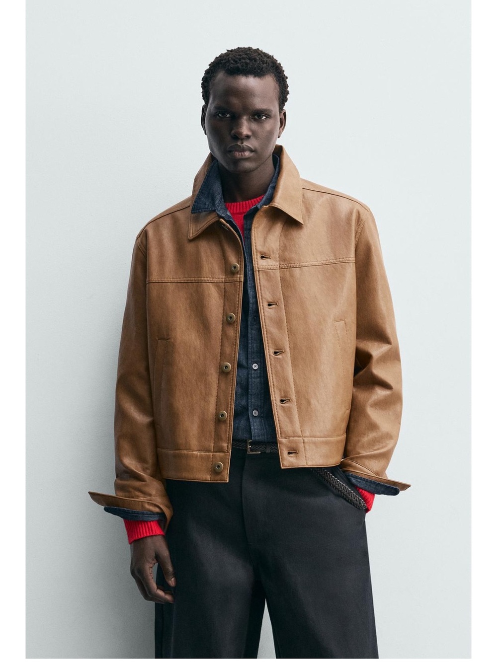 Zara Men's Tan Leather Button-Front Jacket